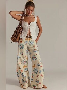 Wide Leg Printed Tea Party Jeans - Cream